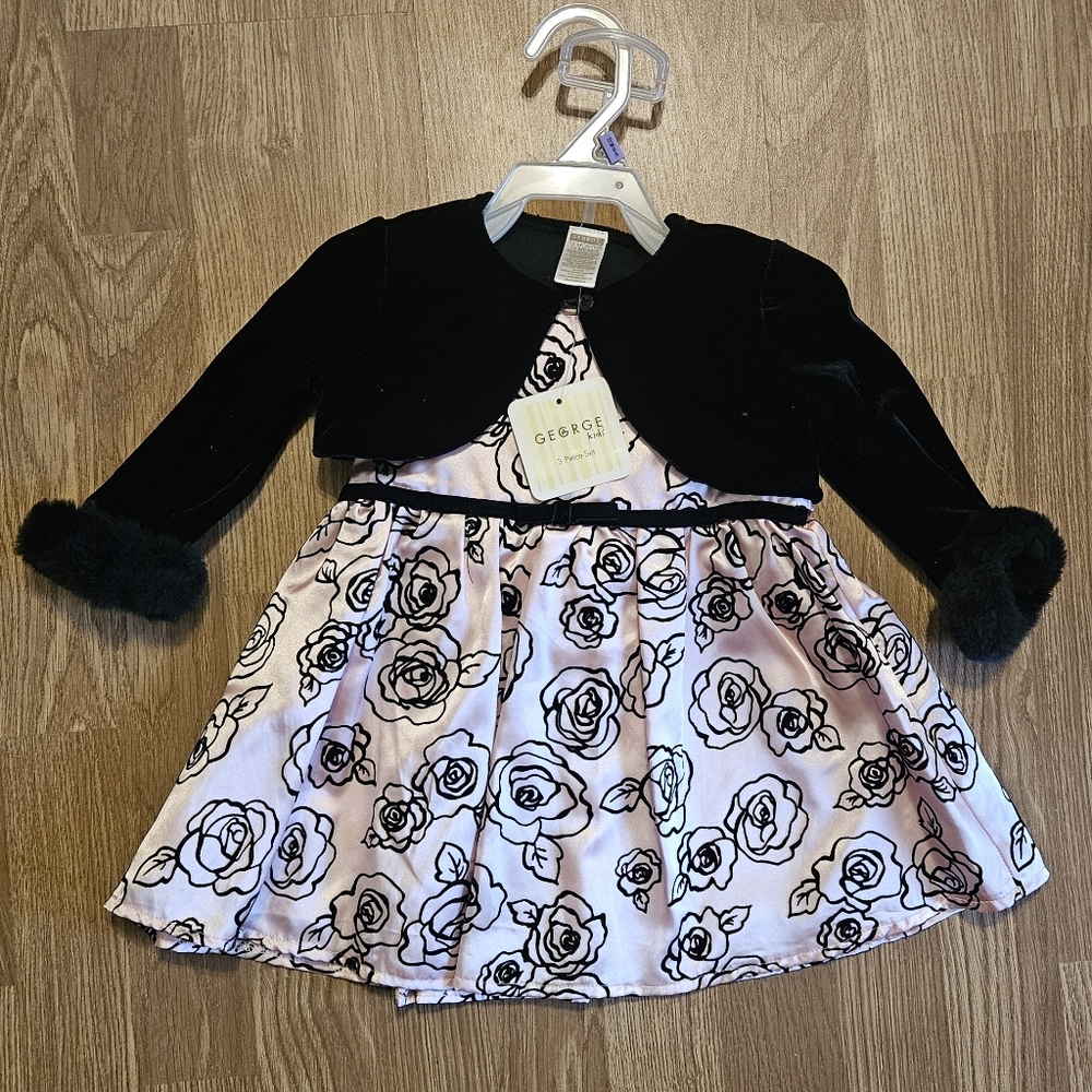 George Pink Floral Dress with Black Cardigan And Matching Bloomers